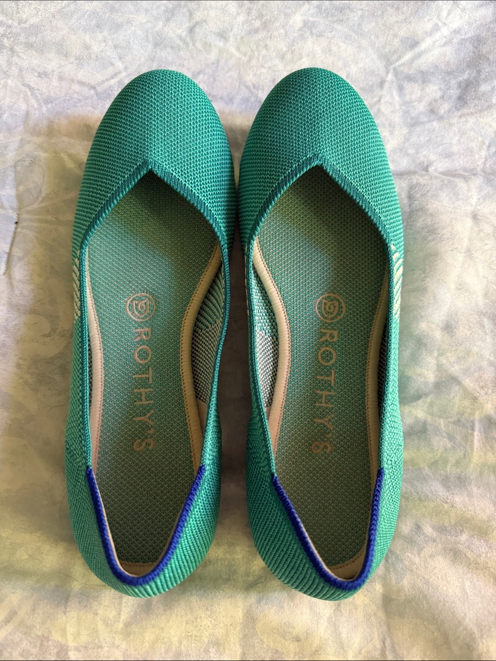 Rothy's Teal Knit Pointed-Toe Flats with Blue Trim